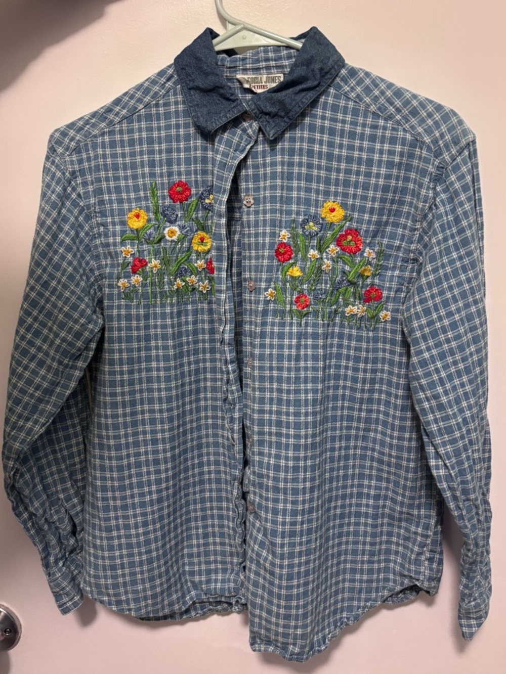 Cotton Blue Plaid Button-Up Denim Shirt Floral Embroidery, Cottagecore Cardigan